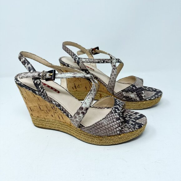 Prada Sandals Womens 39 Wedge Espadrilles Platform Cork Python Snake Strappy - Picture 1 of 11